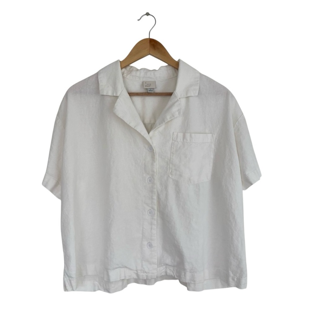 White Linen-Cotton Blend Short Sleeve Button-Down Shirt L/XL